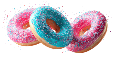 Three colorful iced donuts with sprinkles on a black background (1)