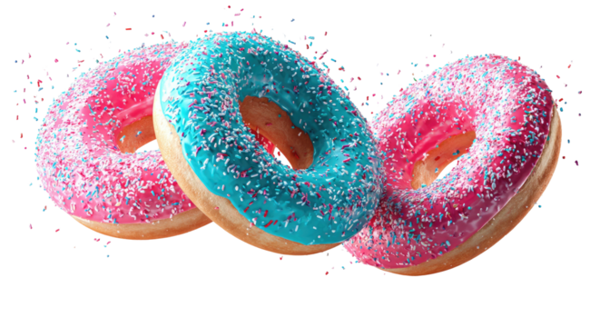 Three colorful iced donuts with sprinkles on a black background (1) - Powered by Adobe