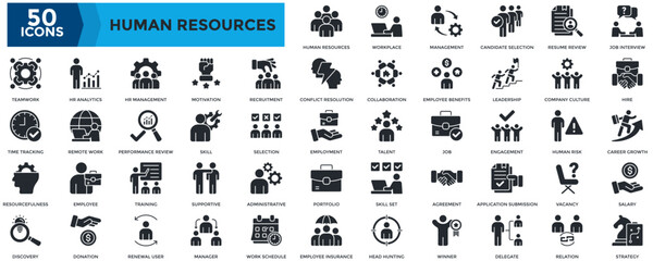 Human Resource icon set. Containing workplace, management, employee, recruitment, job interview, hire, skill, company culture, strategy, teamwork, HR management icon. Glyph style
