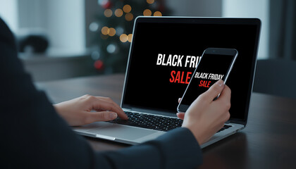Person using laptop and smartphone for black friday sale shopping