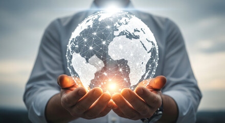 A man holding a glowing earth in his hands against a cloudy sky. This visual encapsulates global connectivity, network, connection, worldwide reach, and innovation concept.