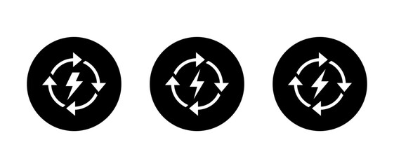 Energy recharge icon in black circle. Power cycle symbol with lightning bolt