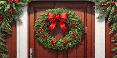 Beautiful Christmas door wreath made of fresh greenery and a vibrant red bow.