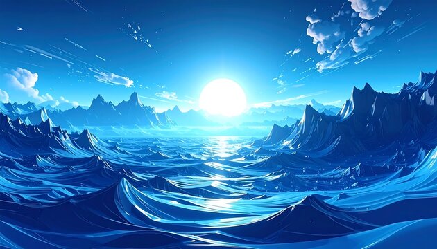 A serene, stylized ocean landscape under a brilliant sun. Jagged mountains frame a vast, wavy sea beneath a textured sky - Powered by Adobe