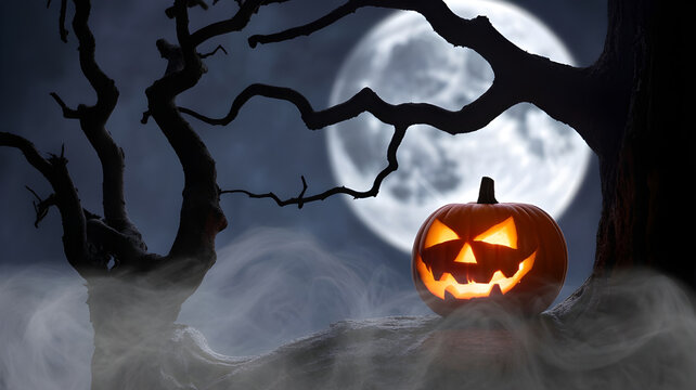 Halloween-themed background with carved pumpkin silhouette, spooky tree shadows, full moon glow, orange and black tones, atmospheric mist, playful eerie vibe