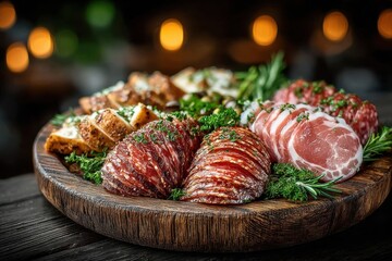 Gourmet Meat Platter: A tempting assortment of expertly prepared meats, arranged artfully on a rustic wooden platter, inviting a culinary adventure for every palate. 