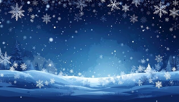 A serene winter scene with stylized snow-covered hills and evergreen trees, under a night sky with falling snowflakes - Powered by Adobe