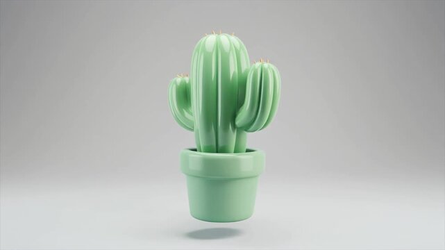 A minimalist 3D rendering of a light green potted cactus floating on a plain grey background.