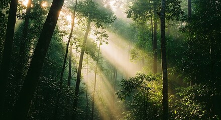 Sunlight Filtering Through a Lush Green Forest Canopy.