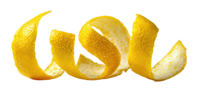 A vibrant yellow lemon peel curls gracefully against a black background