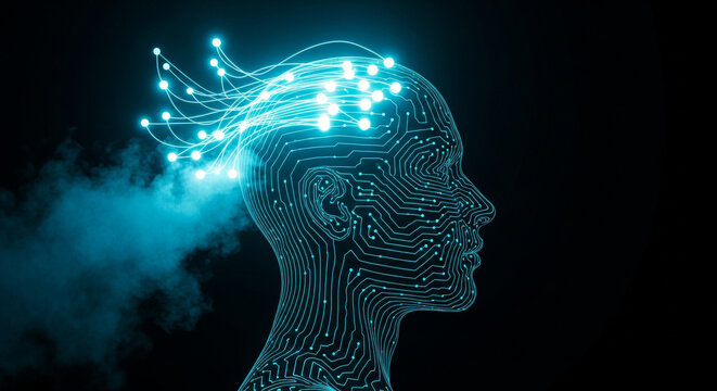 A head silhouette with glowing blue neural connections showcases artificial intelligence on a dark backdrop, depicting a digital brain and network concept.