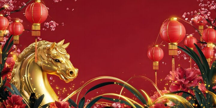 horse with Lanterns & Fireworks on Red Background