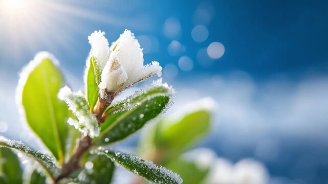Frosty Bloom: A delicate blossom, encased in a shimmering coat of frost, emerges from verdant leaves, set against a blurred background. A testament to nature's resilience