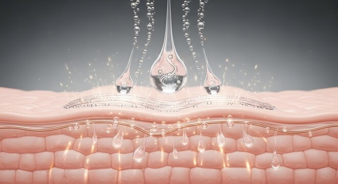 Close up of skin layers with serum droplets penetrating the epidermis