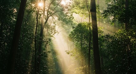 Sunlight filtering through the dense canopy of a lush green forest.