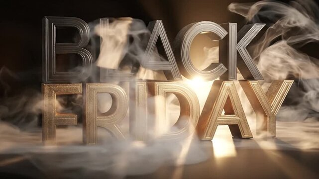 Metallic black and textured gold block letters spelling BLACK FRIDAY rest on a reflective surface amidst swirling smoke