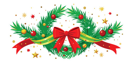 Circular Christmas wreath with ornaments, stars, and a red bow decoration. 