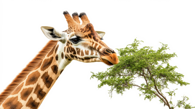 Giraffe standing next to acacia tree
