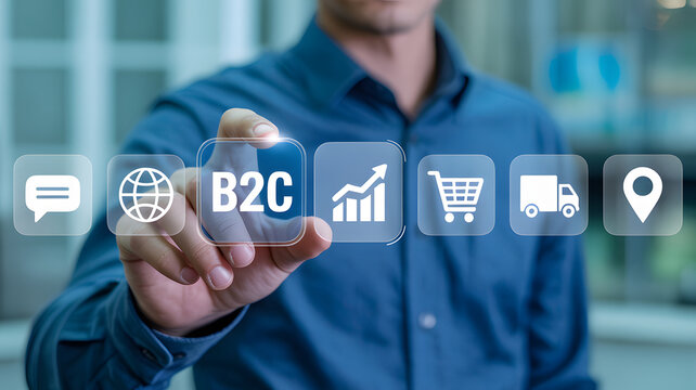 Business professional interacts with B2C interface, driving growth and customer engagement