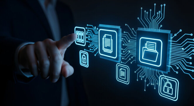 Close-up shot of a man in a black suit touching glowing blue digital icons of documents, files and security measures on a dark background representing technology.