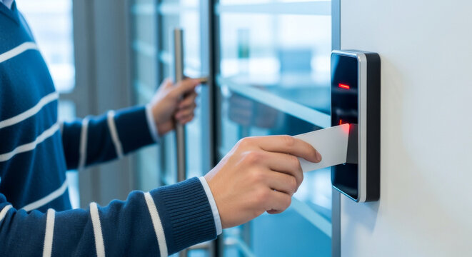 Man wearing a blue sweater holding a security card in front of a card reader on a white wall, granting access to a glass door in an office building. - Powered by Adobe