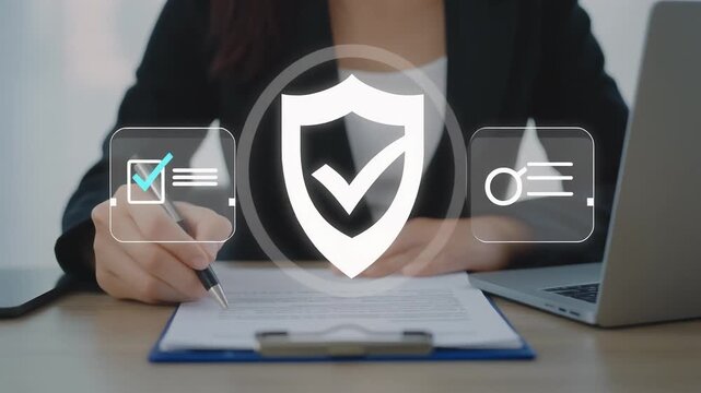 機密文書を承認するコンプライアンス担当者とセキュリティチェックの象徴