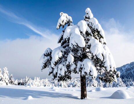 A snow-covered evergreen tree stands tall amidst a white landscape under a brilliant blue sky, with a few faint clouds