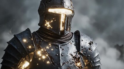 Epic Knight in Glowing Armor on a Stone Pedestal in a Grim and Mysterious Battlefield Scene - Powered by Adobe