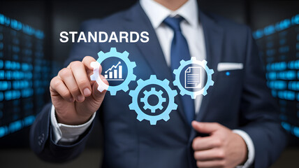 Professional businessman interacts with digital interface showing growth, process, and compliance icons.