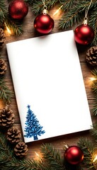 Festive Blank Card with Blue Christmas Tree on Wooden Background