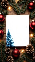 Festive Blank Card Surrounded by Pine, Ornaments, and Lights