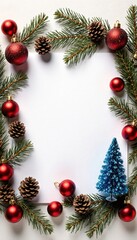 Elegant Minimalist Holiday Setup with Red Ornaments and Pine Cones