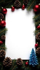 Minimalist Holiday Setup with Red Ornaments and Pine Cones