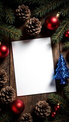 Blank Sheet Surrounded by Christmas Decorations and Pine Cones