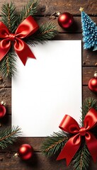 Cozy Christmas Mockup with Red Bows and Ornaments on Wooden Table