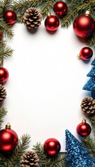 Festive Christmas Greeting Card Frame with Ornaments and Pine Cones