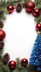 Christmas Greeting Frame with Decorations and Pine Cones