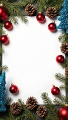 Festive Christmas Greeting Card Decorated with Ornaments and Pinecones