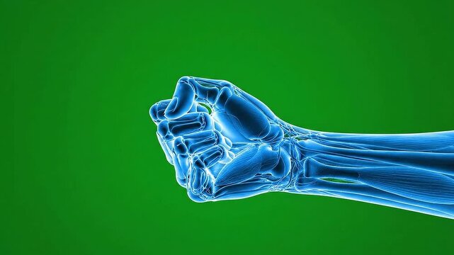 Anatomical Human Hand Bone Structure with Muscles and Tendons X-Ray Visualization on Chroma Key Green Background
