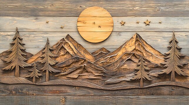 Wood carving of a mountain landscape with trees and moon for decoration