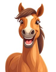 A friendly cartoon horse with a brown mane and coat, smiling widely. A white blaze marks its face