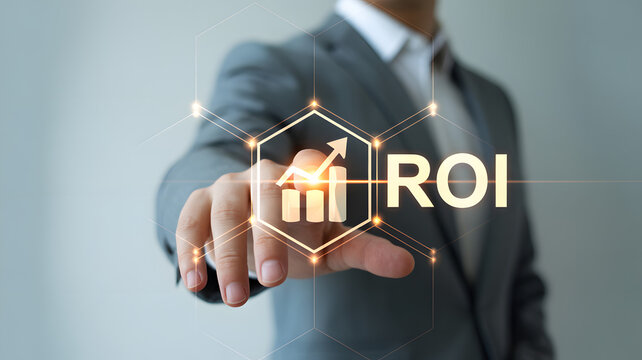 Business professional highlights growing ROI with glowing digital graph and data visualization