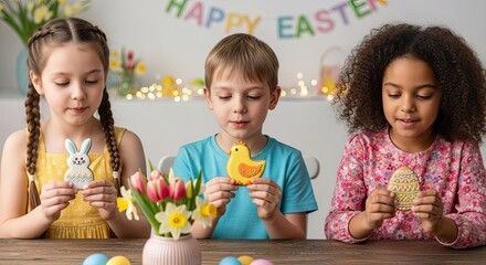 Diverse children holding Easter cookies, celebrating holiday baking and joyful togetherness