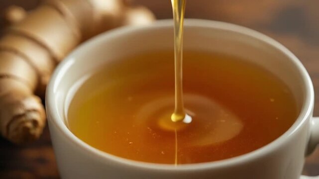Macro shot of honey dripping slowly into a cup of ginger infusion, rich golden tones and shallow depth of field