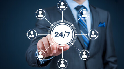 Professional businessman interacts with 24/7 customer service network interface