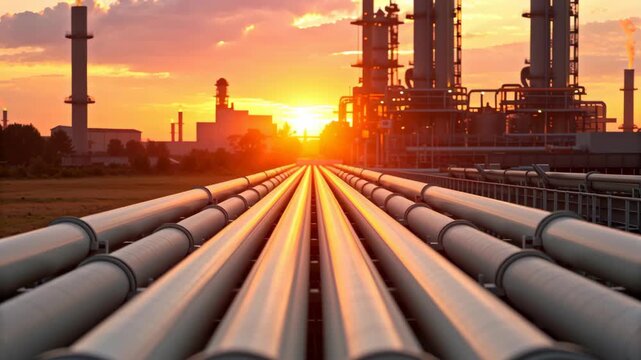Oil pipeline leading to refinery sunset with industrial plant silhouette and warm glow creating dramatic reflection sunset oil pipeline with metallic pipes reflecting warm light and perspective rows