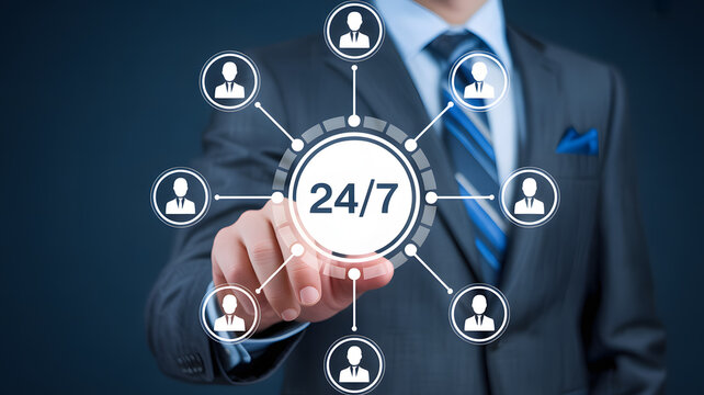 Professional businessman interacts with 24/7 customer service network interface