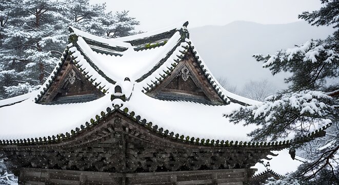A serene view of a temple roof, blanketed in a layer of fresh snow. The intricate details of the roof are highlighted against the snowy landscape - Powered by Adobe