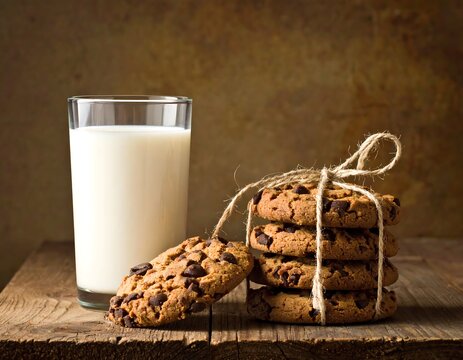 A stack of chocolate chip cookies tied with twine sits next to a glass of milk on a rustic wooden surface