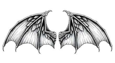 Fototapeta premium Hand-Drawn Dragon Wings Illustration – Detailed Black and White Fantasy Wing Sketch with Bone Structure, Mythical Creature Art for Tattoo, Design, and Coloring